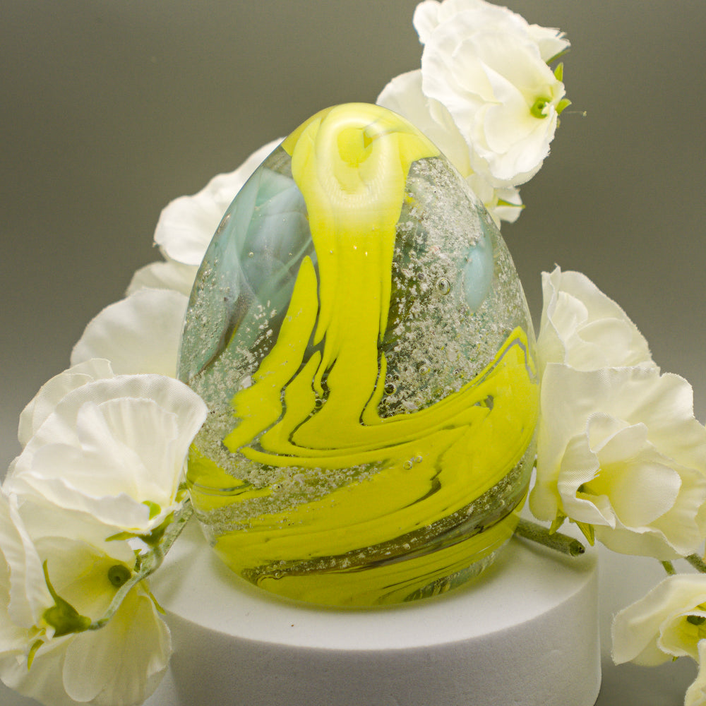 Ashes to Glass Oval Paperweight - Lemon Yellow & Turquoise
