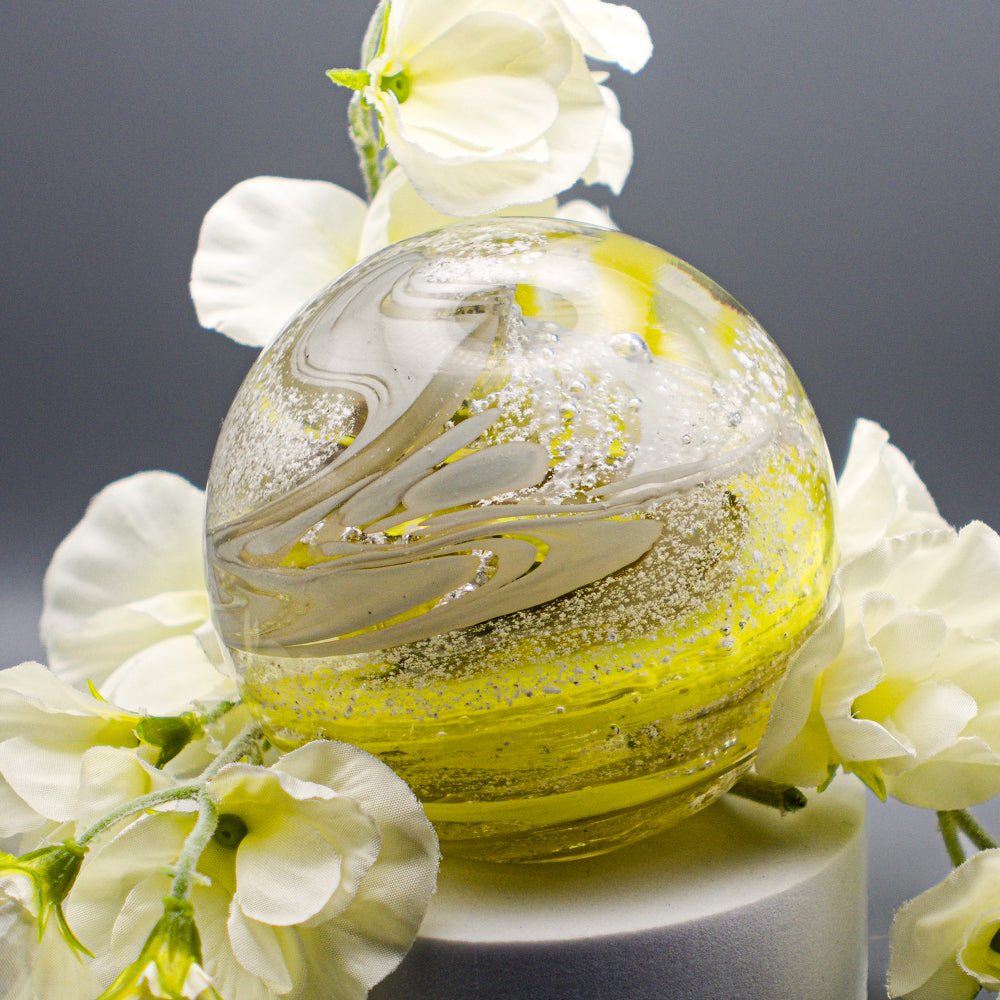 Ashes to Glass Round Paperweight - Lemon Yellow & Grey