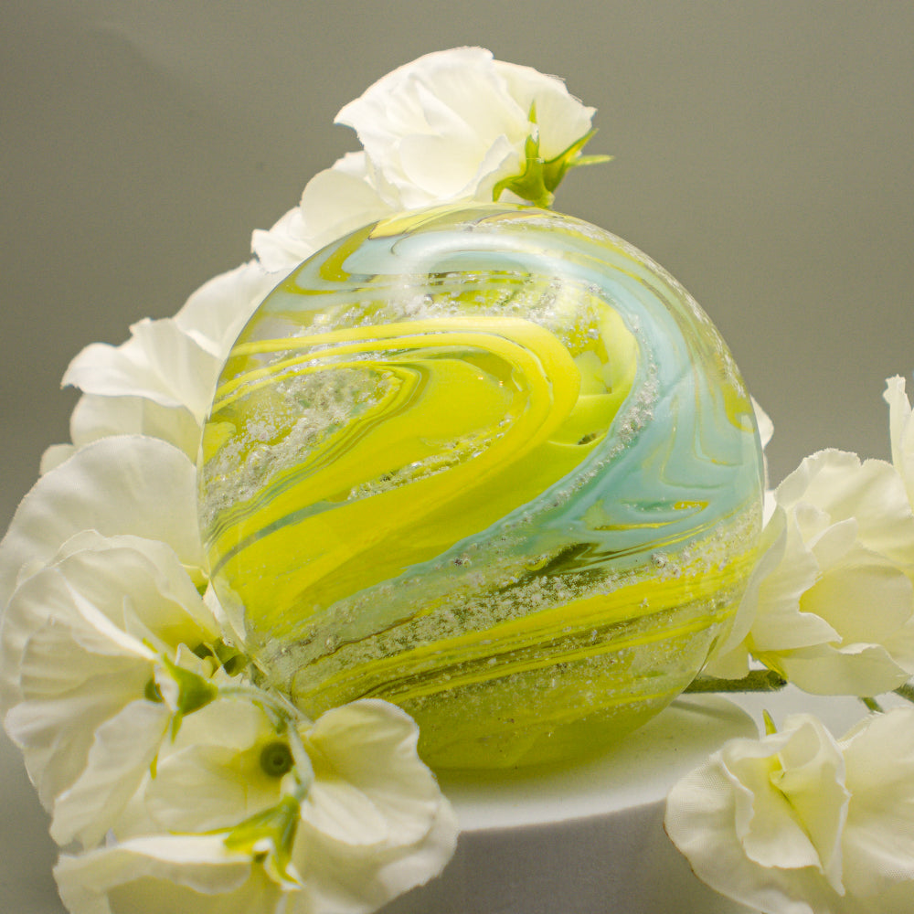 Ashes to Glass Round Paperweight - Lemon Yellow & Turquoise