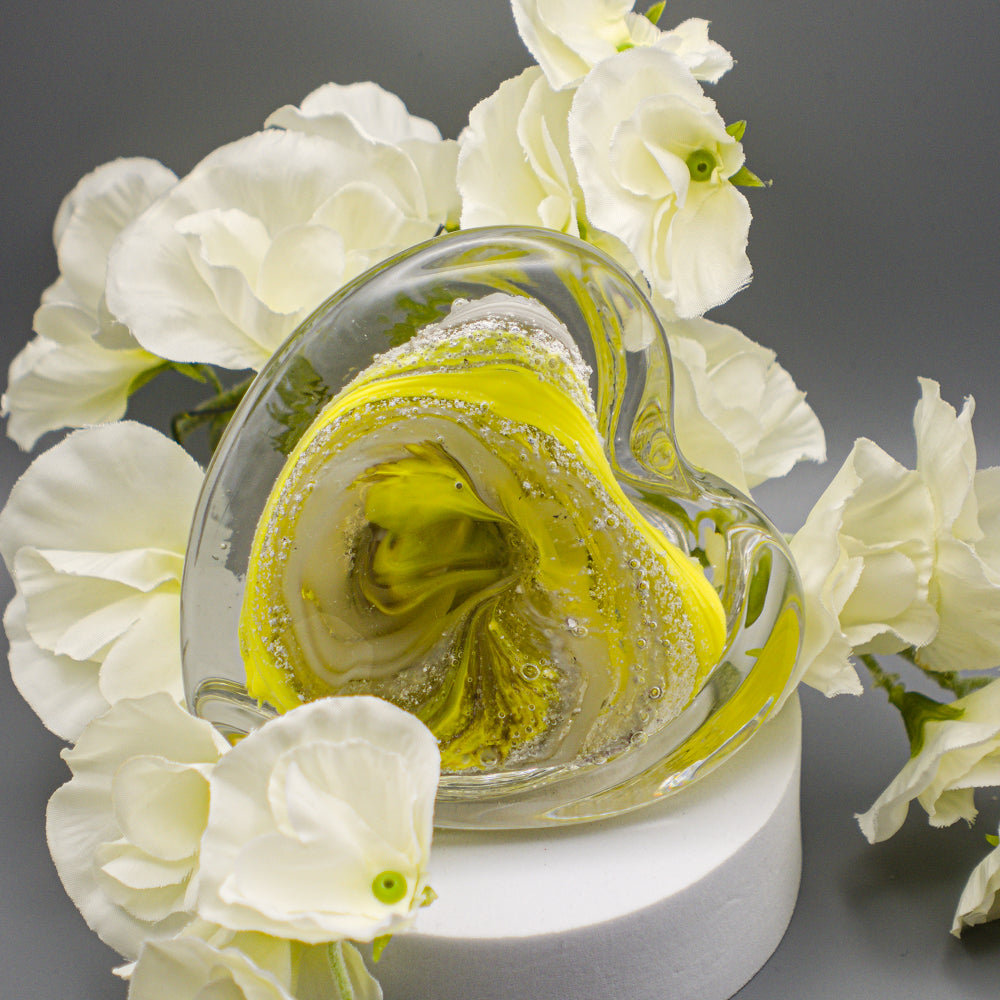 Ashes to Glass Step Heart Paperweight - Lemon Yellow & Grey