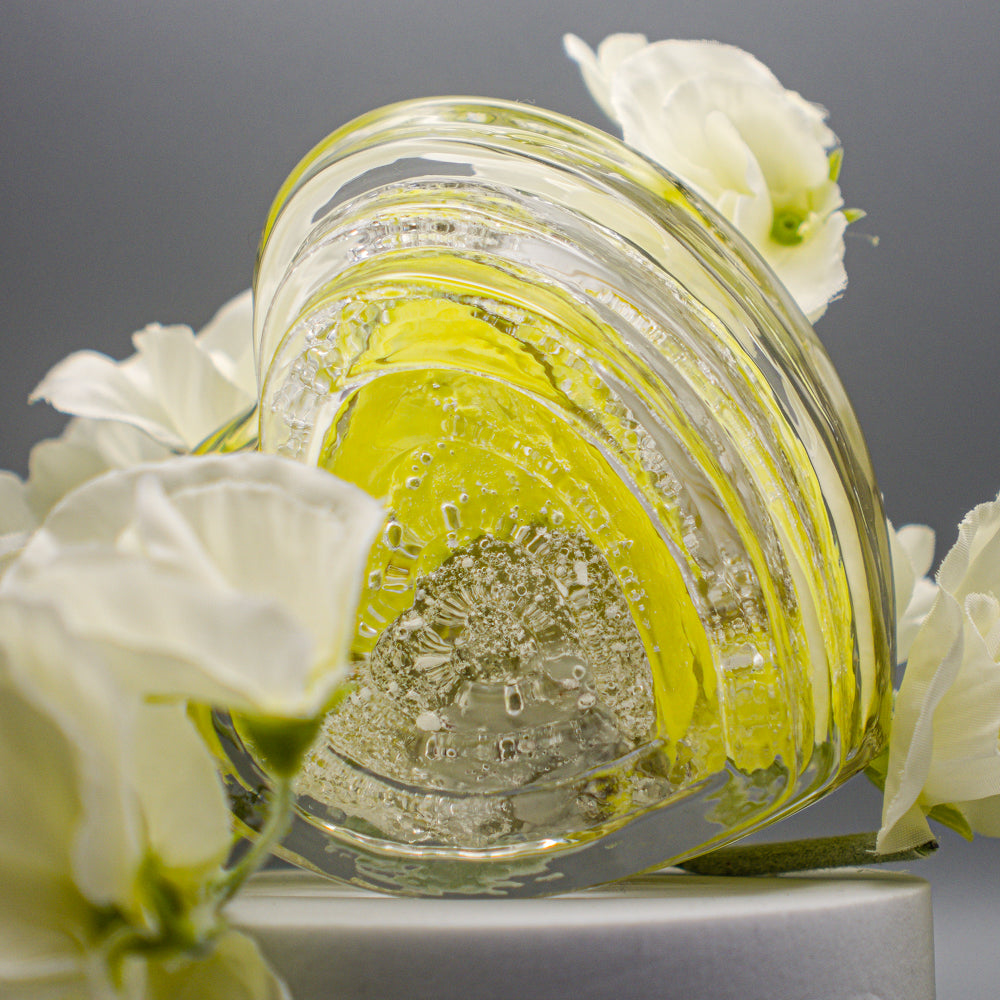 Ashes to Glass Step Heart Paperweight - Lemon Yellow & Grey