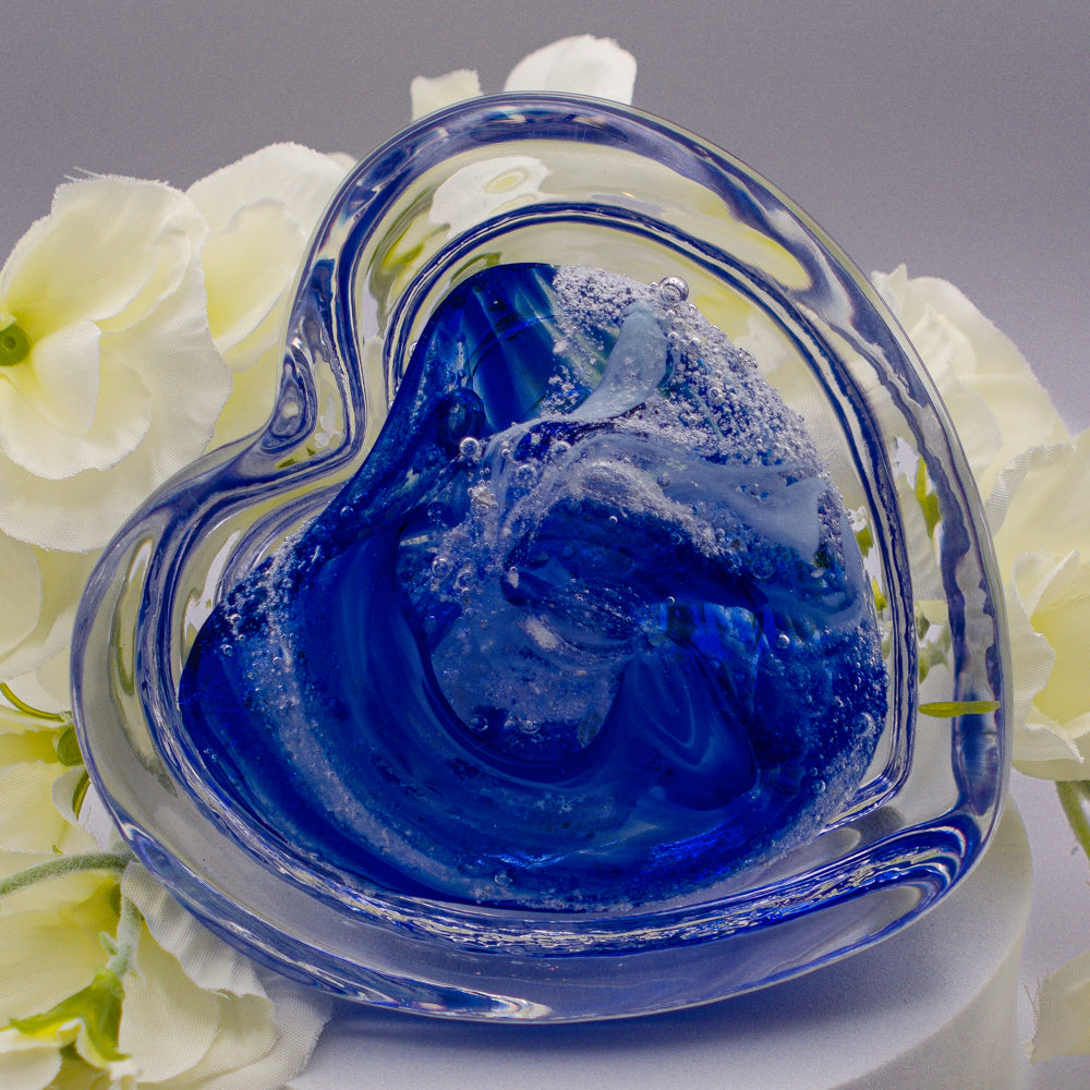 Ashes to Glass Step Heart Paperweight - Royal Blue & Baby Blue