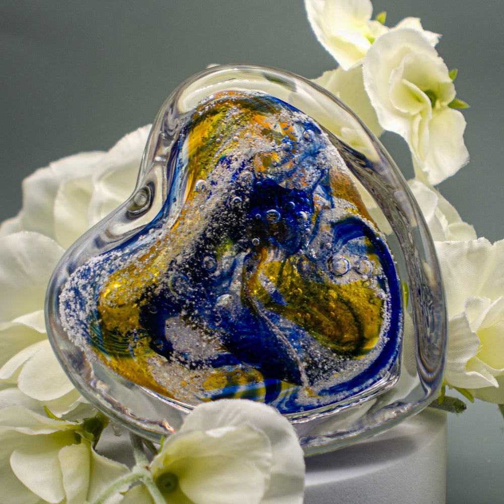 Ashes to Glass Step Heart Paperweight - Royal Blue & Gold