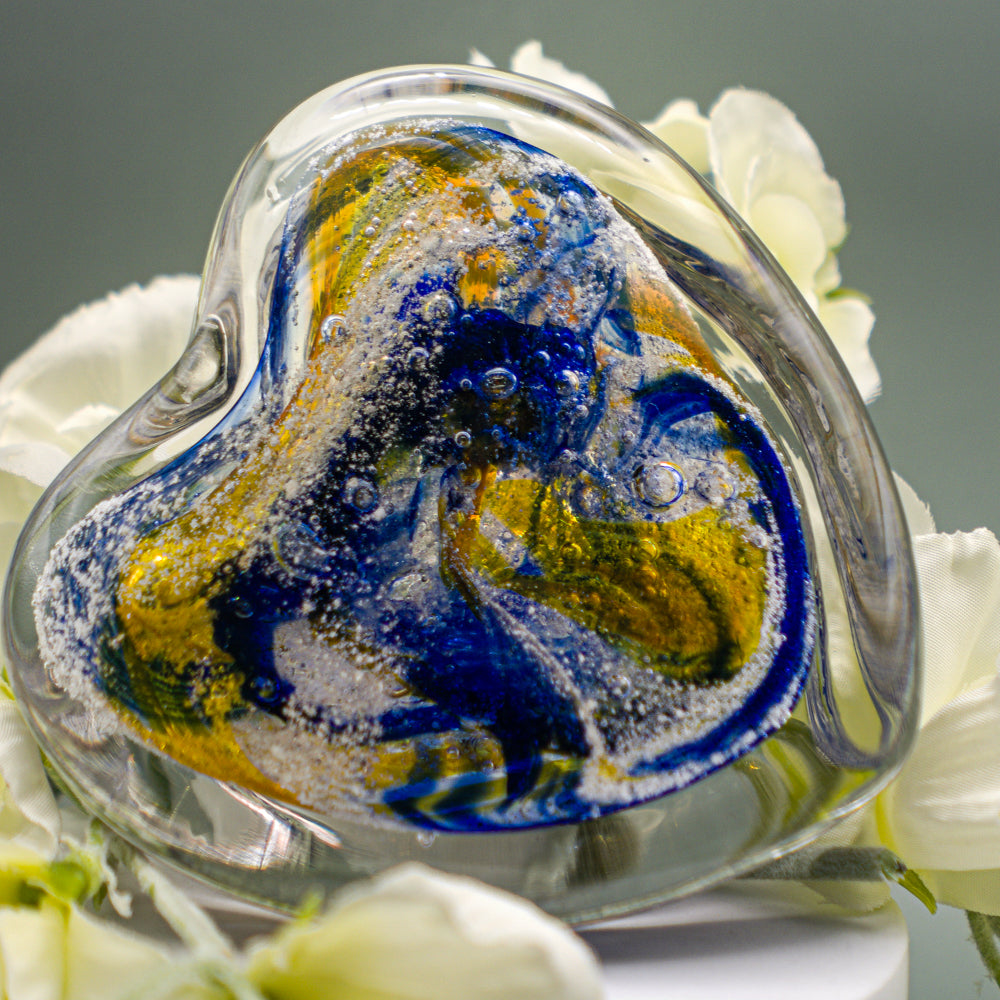 Ashes to Glass Step Heart Paperweight - Royal Blue & Gold