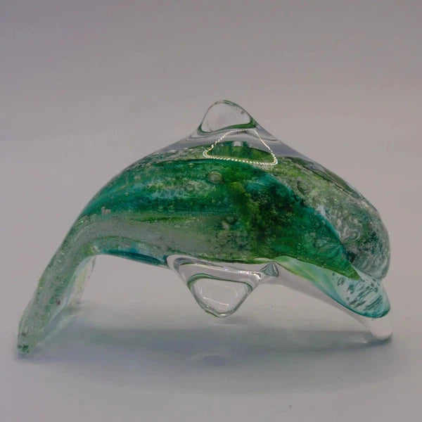 Ashes to Glass Dolphin-Cremation Ashes Glass-Stuart Wiltshire Glass Outlet-Purple & Lime Green with Ashes-Stuart Wiltshire Glass Ltd