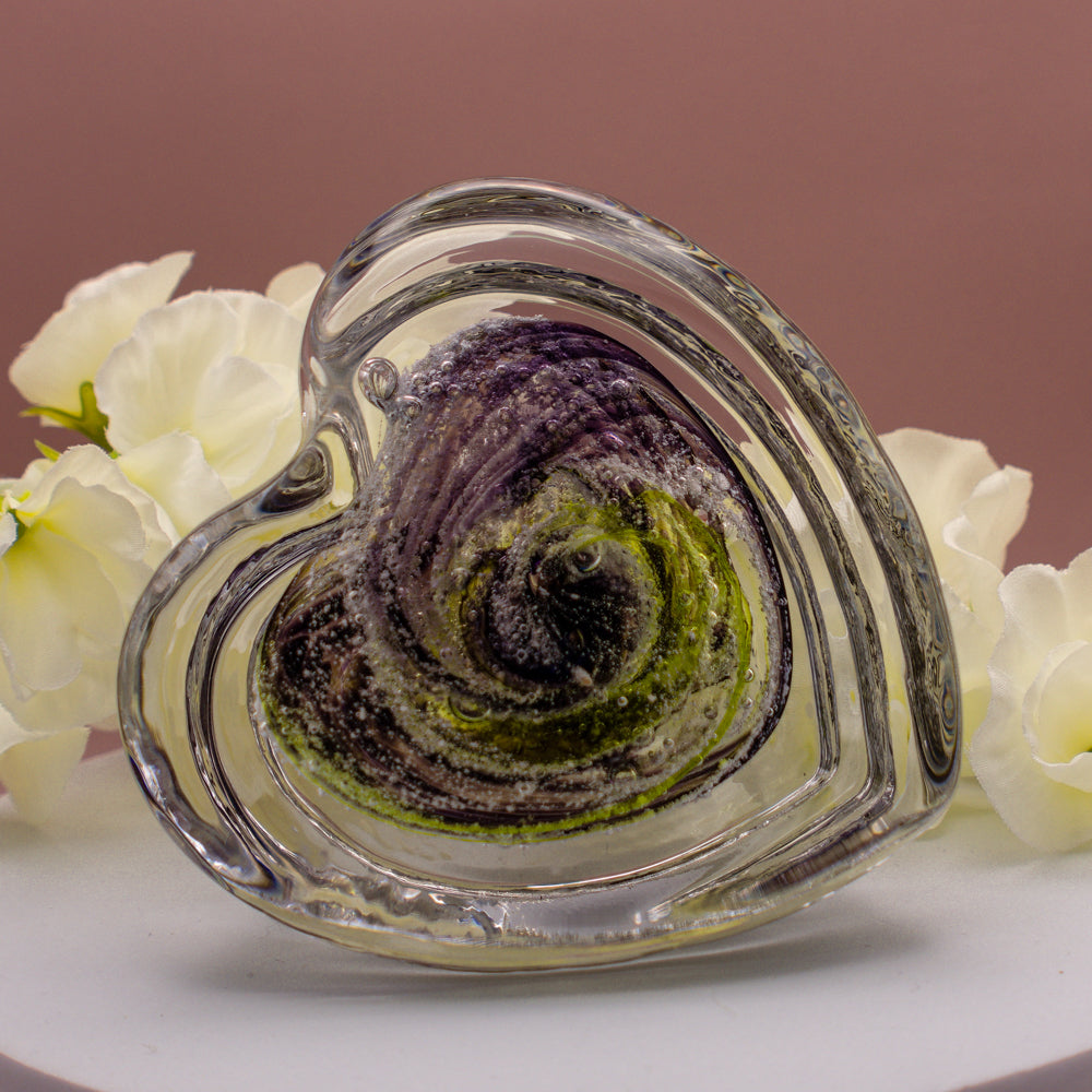 Ashes to Glass Step Heart Paperweight - Purple & Lime Green