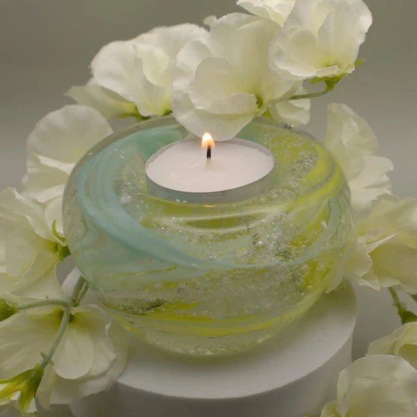 Ashes to Glass Candle Holder-Cremation Ashes Glass-Stuart Wiltshire Glass Outlet-Lemon Yellow & Turquoise with Ashes-Stuart Wiltshire Glass Ltd