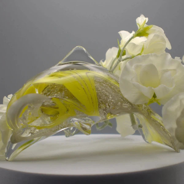 Ashes to Glass Dolphin-Cremation Ashes Glass-Stuart Wiltshire Glass Outlet-Lemon Yellow & Grey with Ashes-Stuart Wiltshire Glass Ltd