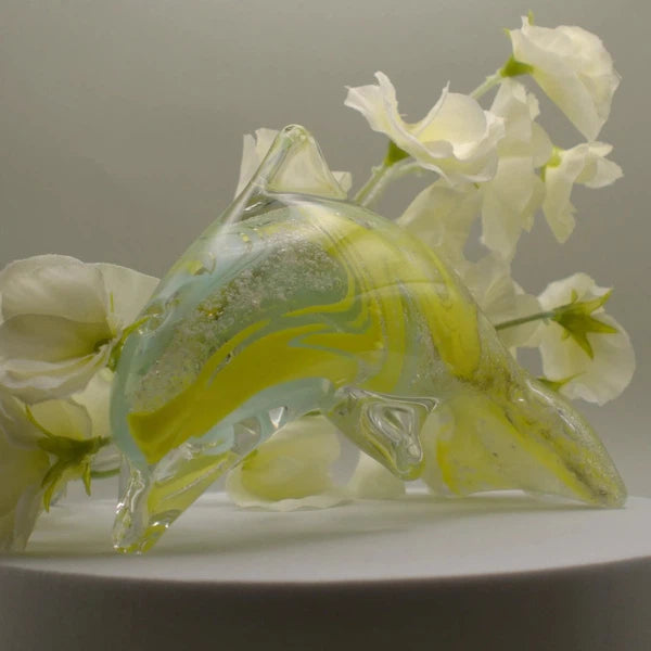 Ashes to Glass Dolphin-Cremation Ashes Glass-Stuart Wiltshire Glass Outlet-Lemon Yellow & Turquoise with Ashes-Stuart Wiltshire Glass Ltd