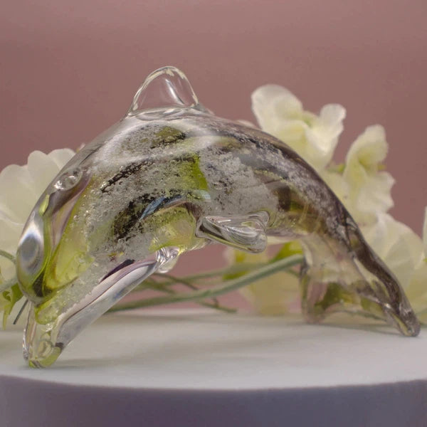 Ashes to Glass Dolphin-Cremation Ashes Glass-Stuart Wiltshire Glass Outlet-Purple & Lime Green with Ashes-Stuart Wiltshire Glass Ltd