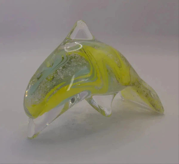 Ashes to Glass Dolphin-Cremation Ashes Glass-Stuart Wiltshire Glass Outlet-Purple & Lime Green with Ashes-Stuart Wiltshire Glass Ltd