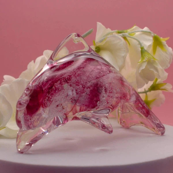 Ashes to Glass Dolphin-Cremation Ashes Glass-Stuart Wiltshire Glass Outlet-Ruby & Baby Pink with Ashes-Stuart Wiltshire Glass Ltd