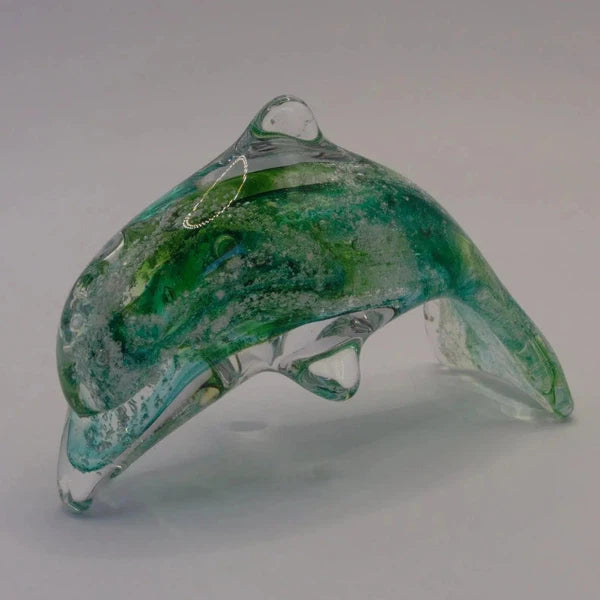 Ashes to Glass Dolphin-Cremation Ashes Glass-Stuart Wiltshire Glass Outlet-Spring Green with Ashes-Stuart Wiltshire Glass Ltd
