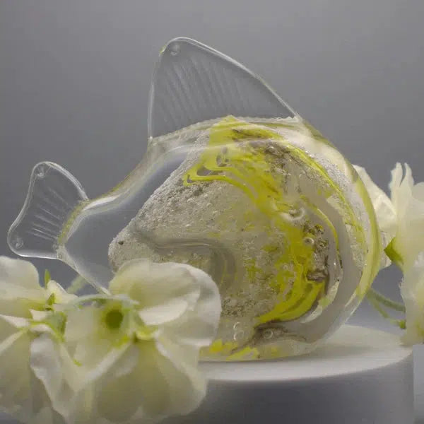 Ashes to Glass Fish-Cremation Ashes Glass-Stuart Wiltshire Glass Outlet-Lemon Yellow & Grey with Ashes-Stuart Wiltshire Glass Ltd