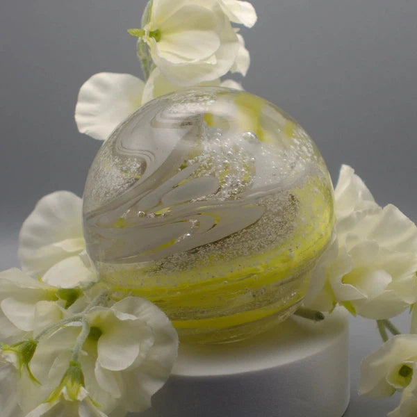 Ashes to Glass Round Paperweight-Cremation Ashes Glass-Stuart Wiltshire Glass Outlet-Lemon Yellow & Grey with Ashes-Stuart Wiltshire Glass Ltd