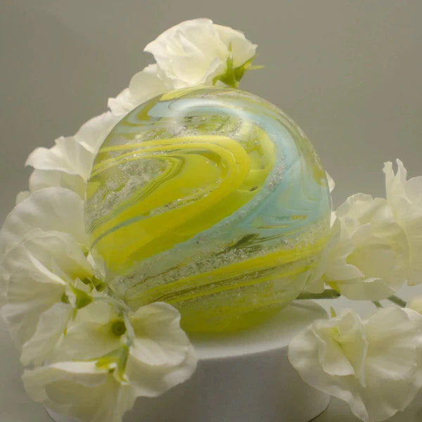 Ashes to Glass Round Paperweight-Cremation Ashes Glass-Stuart Wiltshire Glass Outlet-Lemon Yellow & Turquoise with Ashes-Stuart Wiltshire Glass Ltd