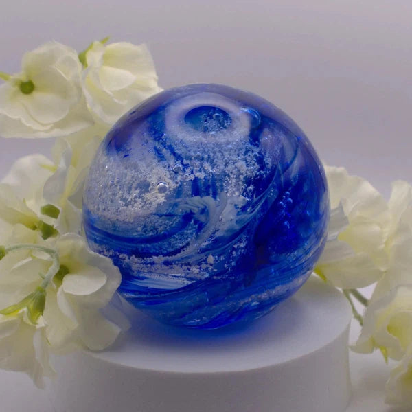 Ashes to Glass Round Paperweight-Cremation Ashes Glass-Stuart Wiltshire Glass Outlet-Royal Blue & Baby Blue with Ashes-Stuart Wiltshire Glass Ltd