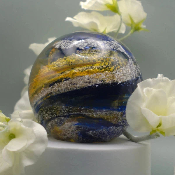 Ashes to Glass Round Paperweight-Cremation Ashes Glass-Stuart Wiltshire Glass Outlet-Royal Blue & Gold with Ashes-Stuart Wiltshire Glass Ltd