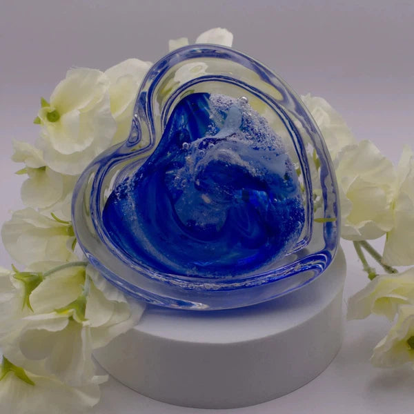 Ashes to Glass Step Heart Paperweight-Cremation Ashes Glass-Stuart Wiltshire Glass Outlet-Royal Blue & Baby Blue with Ashes-Stuart Wiltshire Glass Ltd
