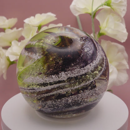 Ashes to Glass Round Paperweight - Purple & Lime Green